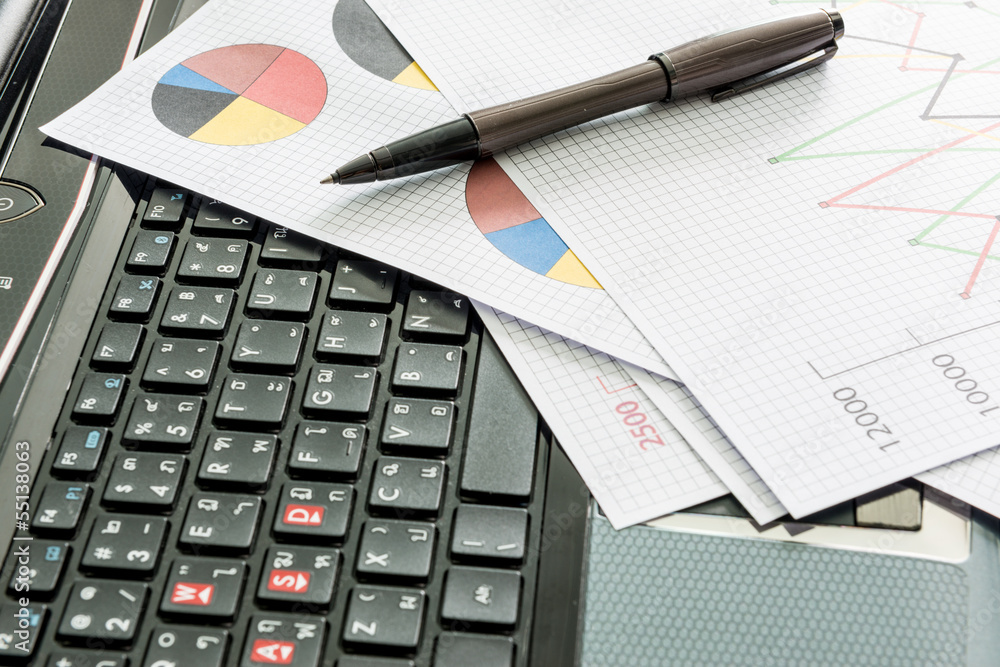 labtop , financial charts , Document file , pen on the table labtop , financial charts , Document file , pen on the table