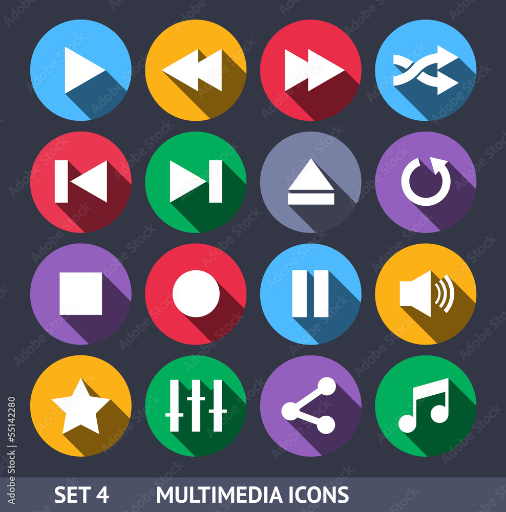 Multimedia Vector Icons With Long Shadow Set 4 Multimedia Vector Icons With Long Shadow Set 4