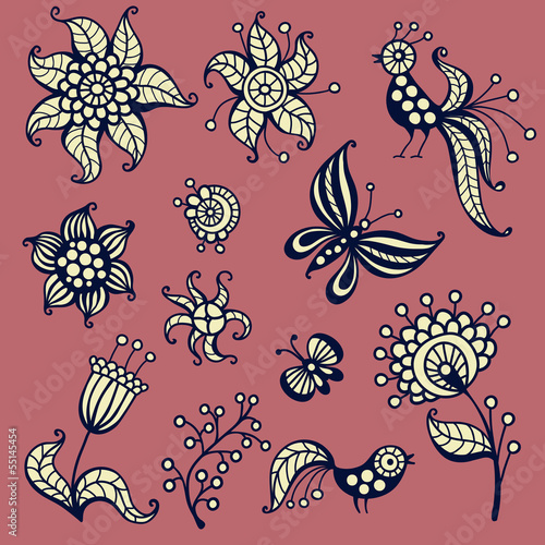 Set of elements for design: birds, butterflies, flowers