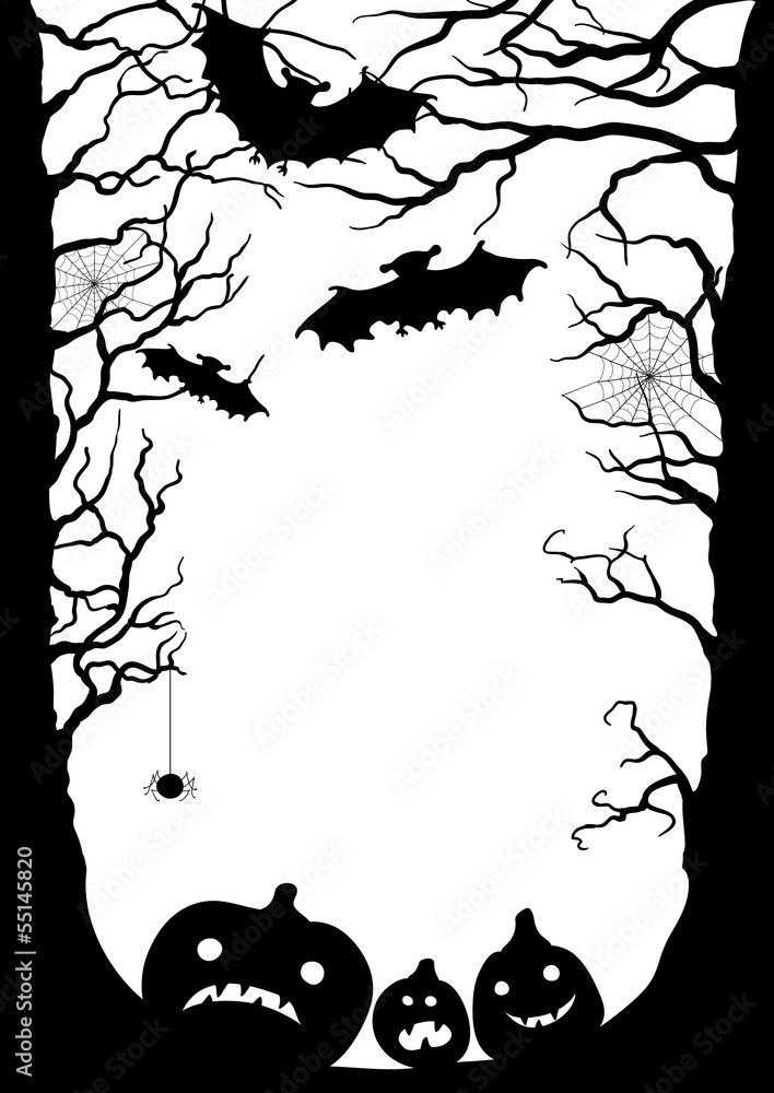 Halloween card with the silhouette of trees, bats, pumpkins