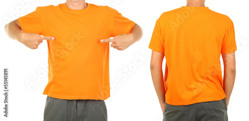 T-shirt on young man in front and behind isolated on white