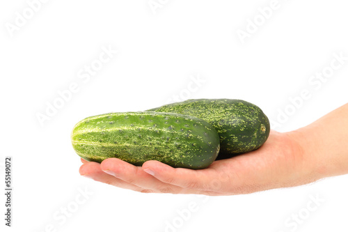 Hand holds two cucumbers.