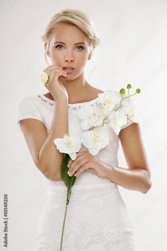 Young bride in white wedding dress happy smiling Young bride in white wedding dress happy smiling