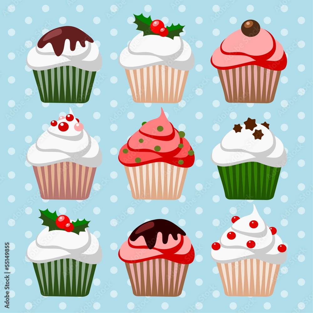 Christmas set of cupcakes and muffins, vector illustration Christmas set of cupcakes and muffins, vector illustration