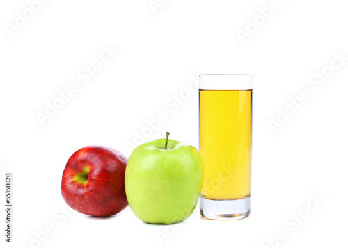 red and green apple with juice isolated on white