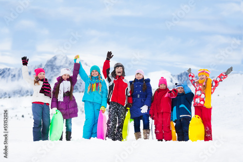 Many kids outside in winter