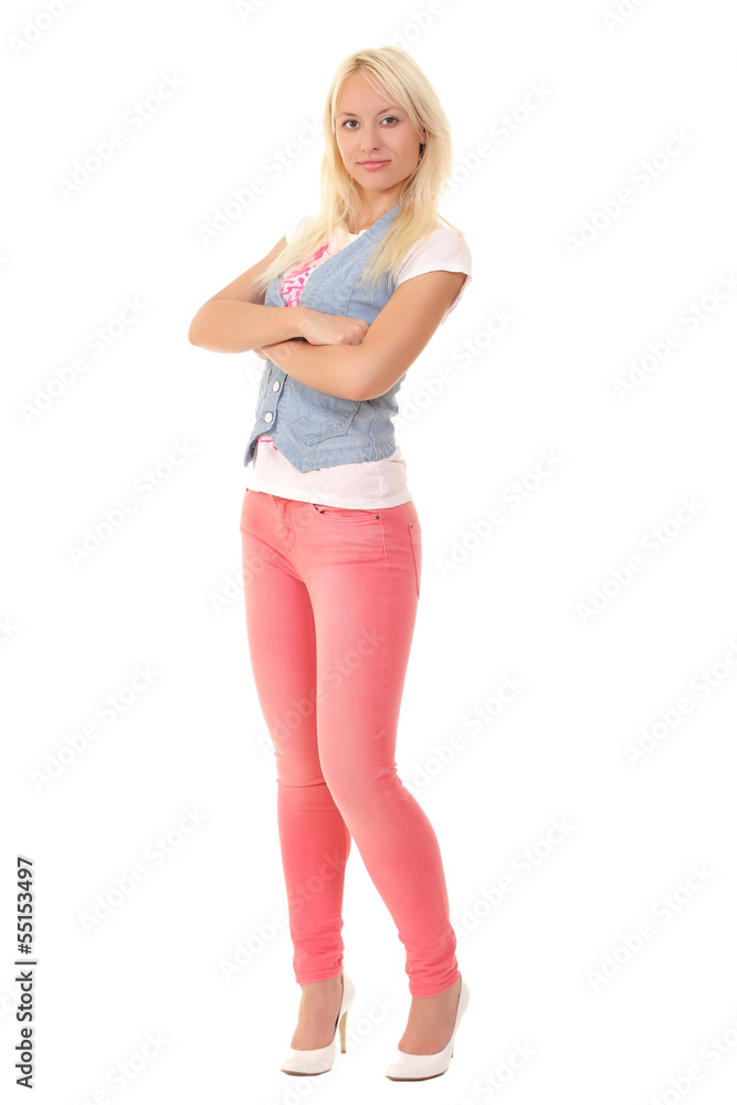 blonde girl in full growth on a white background blonde girl in full growth on a white background