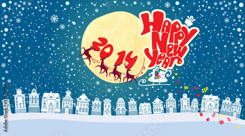 New Year card with flying rein deers on sky background - 2014