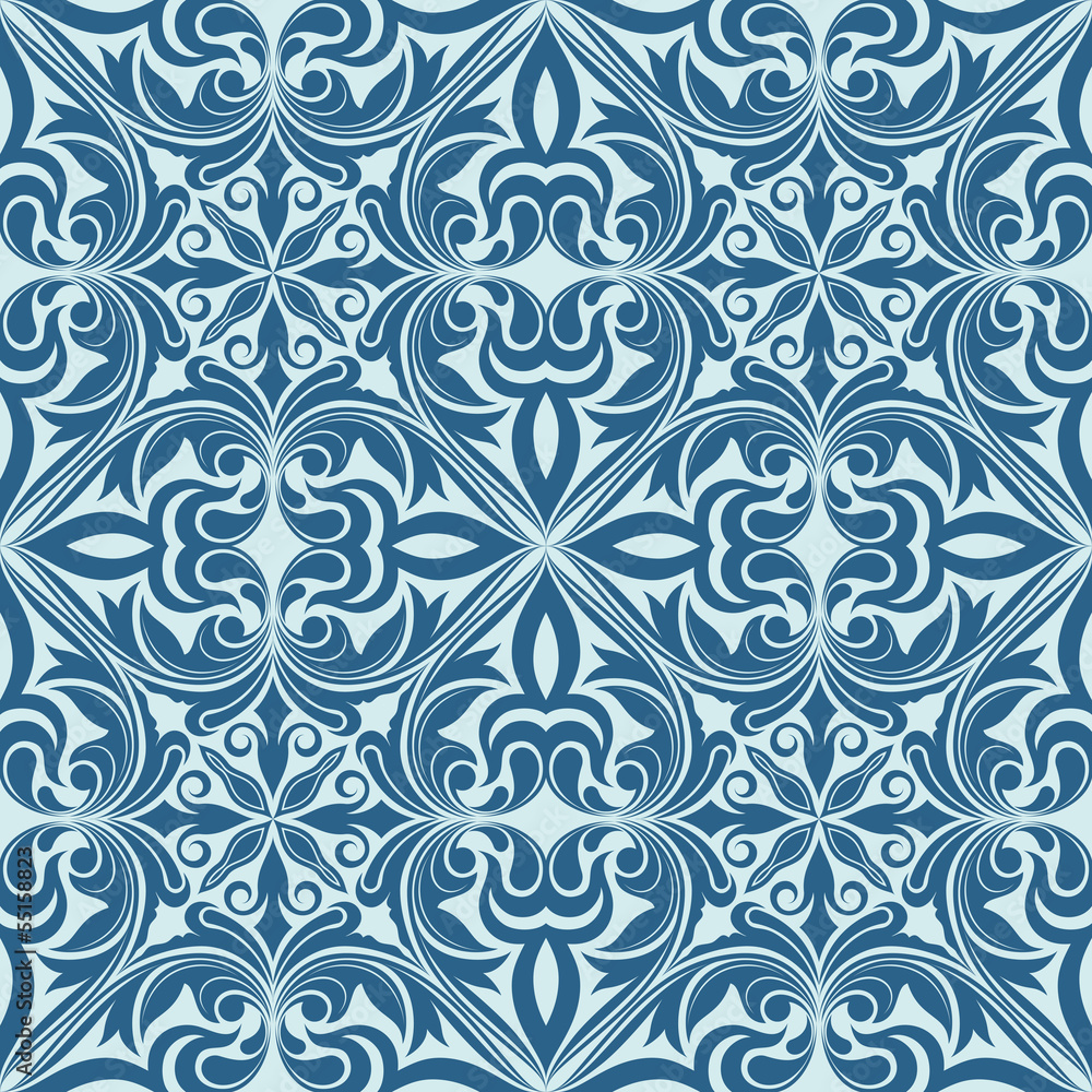 Seamless blue abstract floral ornament vector pattern.