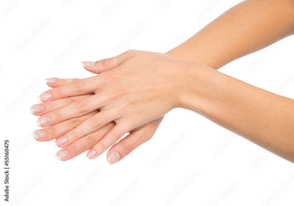 Beautiful woman hands with french manicure nails