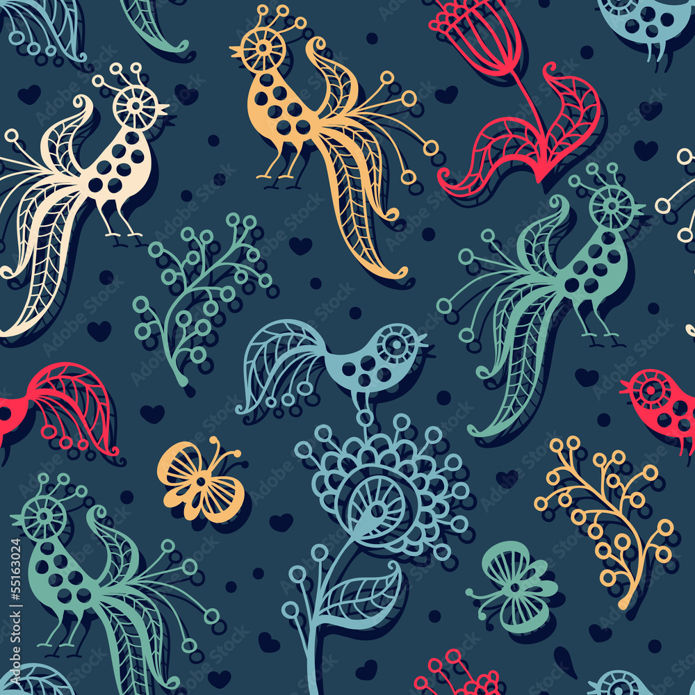 Cute seamless pattern with birds, butterflies and flowers Cute seamless pattern with birds, butterflies and flowers