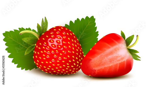 Two strawberries with leaves . Vector.