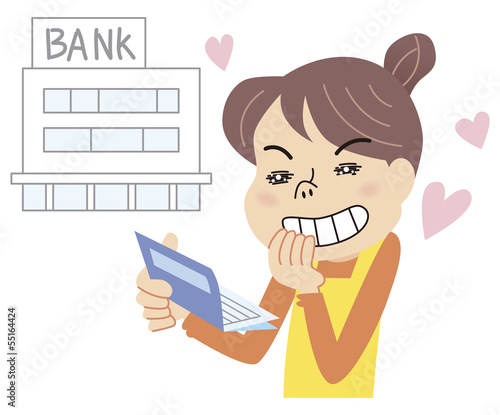 預金通帳を見てうれしがる主婦