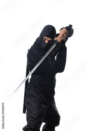 Ninja with sword in hands on white