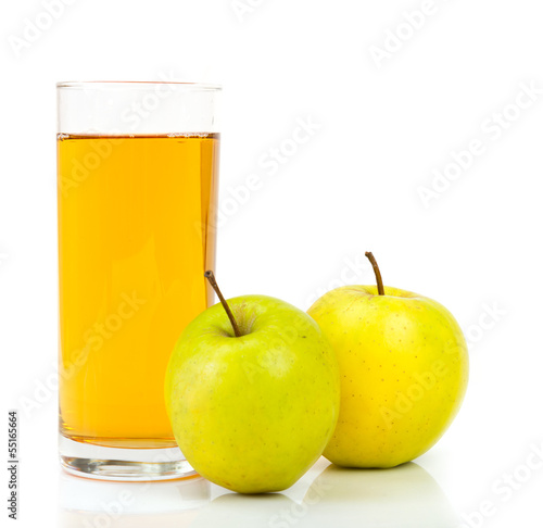 Delicious apple juice in glass and apples isolated on white
