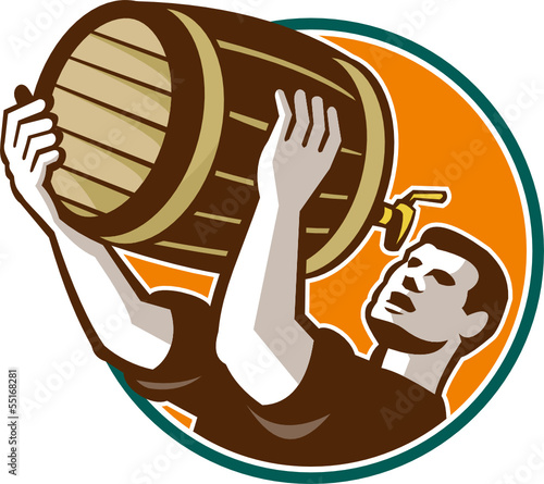 Bartender Pouring Drinking Keg Barrel Beer Retro