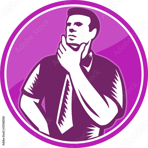 Businessman Holding Chin Woodcut