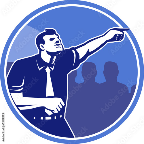 Businessman Pointing Forward Woodcut