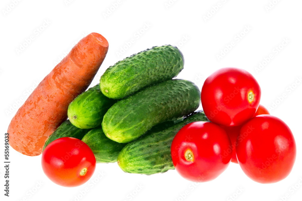 ripe tomatoes cucumbers and carrots on a white background ripe tomatoes cucumbers and carrots on a white background