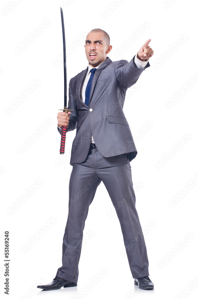 Businessman with sword isolated on white Businessman with sword isolated on white