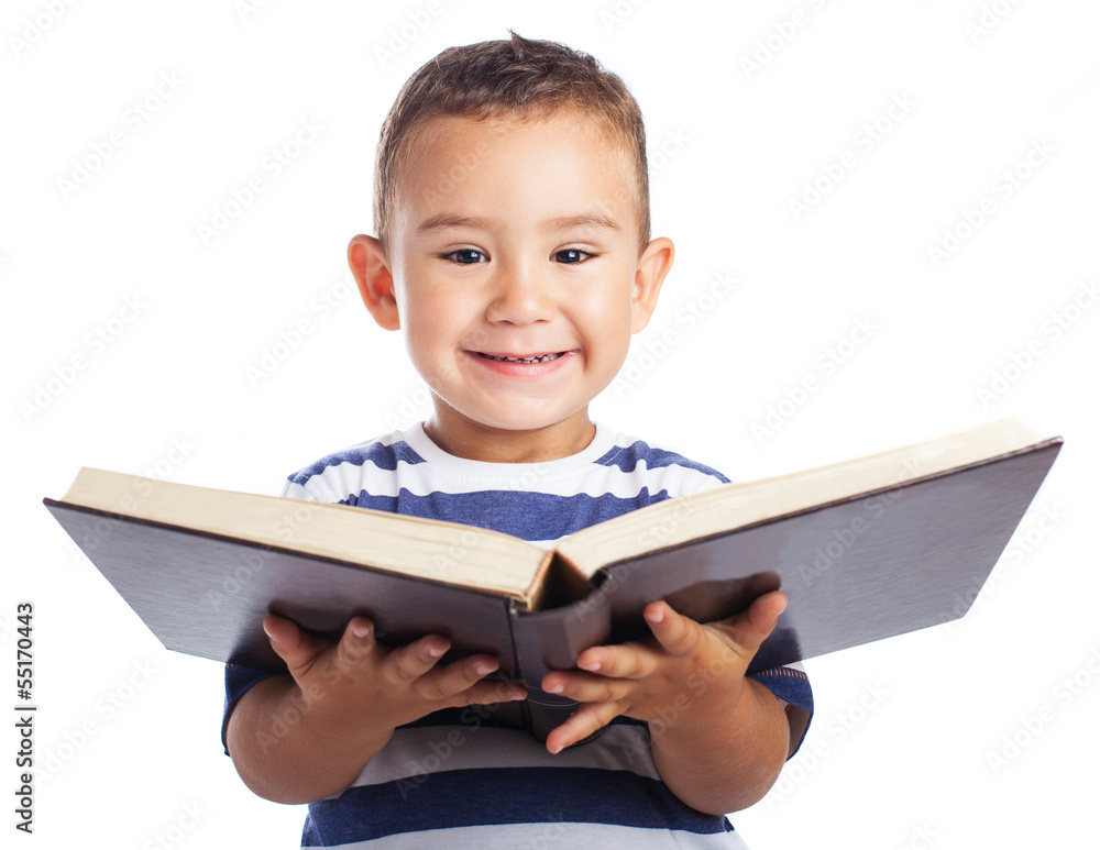 Child holding a open book on white background Child holding a open book on white background