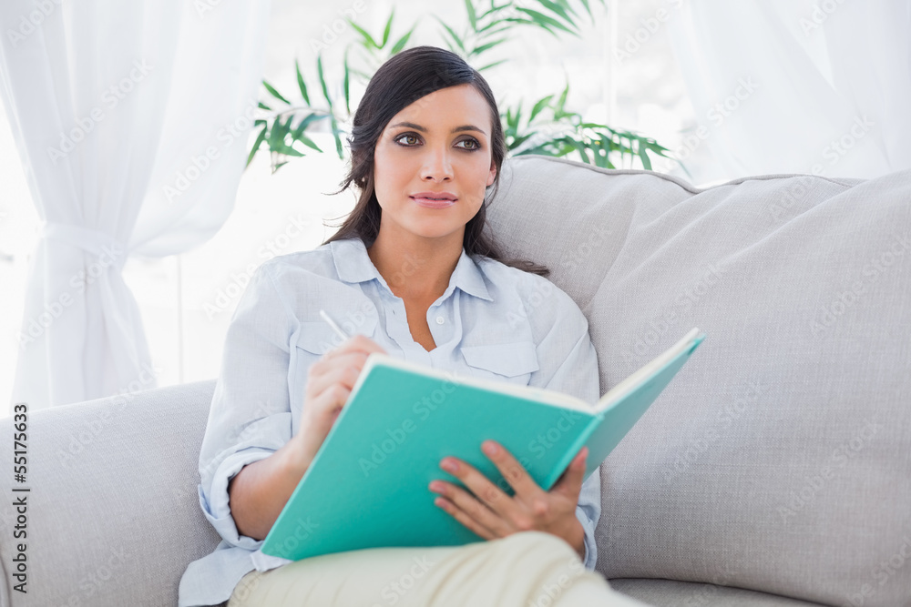 Pensive gorgeous brunette writing while sitting on the sofa Pensive gorgeous brunette writing while sitting on the sofa