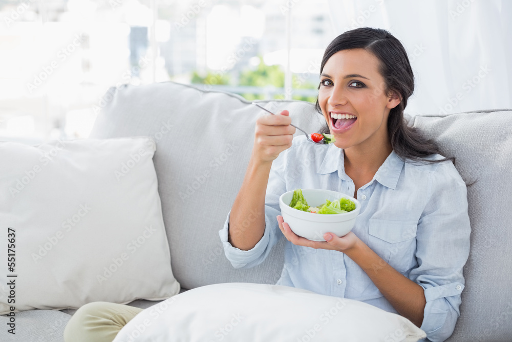 Cheerful woman relaxing on the sofa eating salad Cheerful woman relaxing on the sofa eating salad