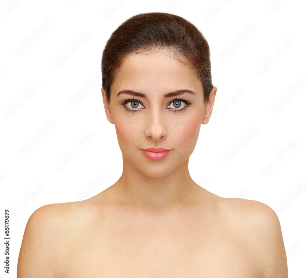 Front portrait of beauty woman face isolated on white. Closeup p Front portrait of beauty woman face isolated on white. Closeup p
