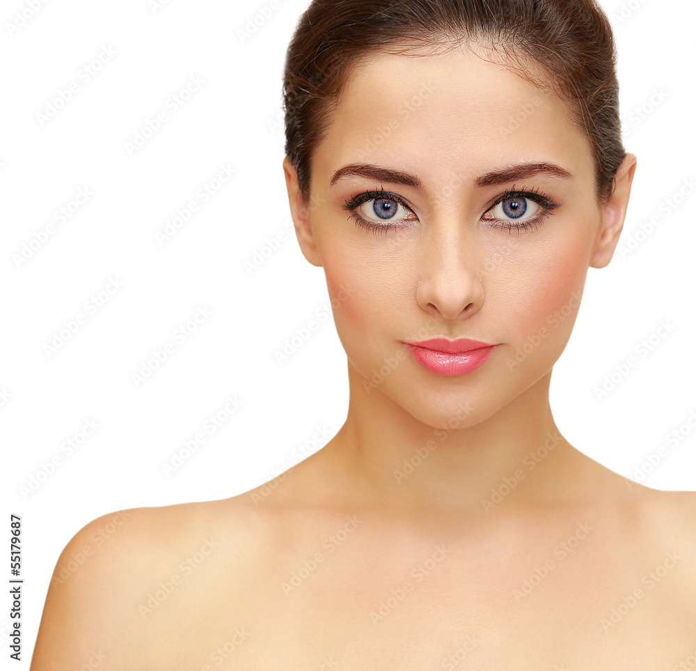 Front closeup woman clean skin portrait looking calm isolated on Front closeup woman clean skin portrait looking calm isolated on