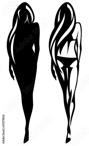 beautiful slim girl vector outline and silhouette