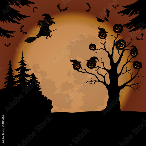 Halloween landscape with witch and pumpkins