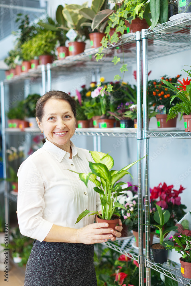  woman with Dieffenbachia  in flower store