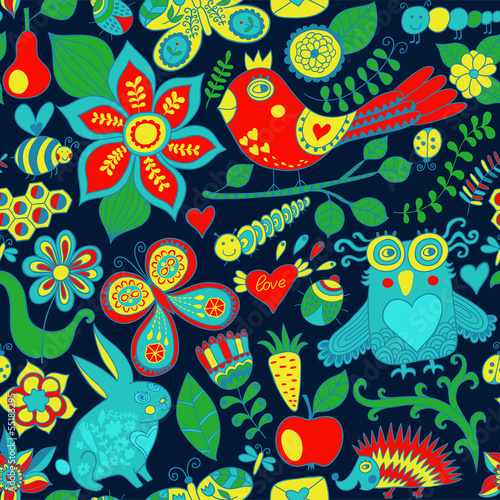 Vector forest seamless pattern. Floral background.Owl  rabbit  b