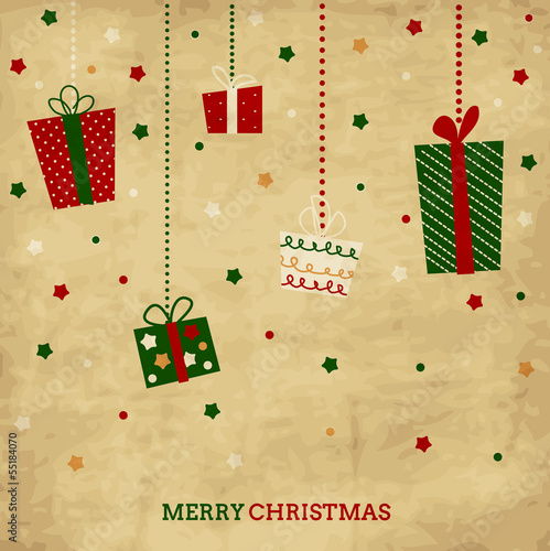 Vintage Christmas and New Year holiday card with presents