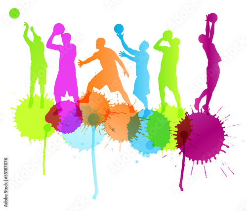 Basketball players vector abstract background with color splashe
