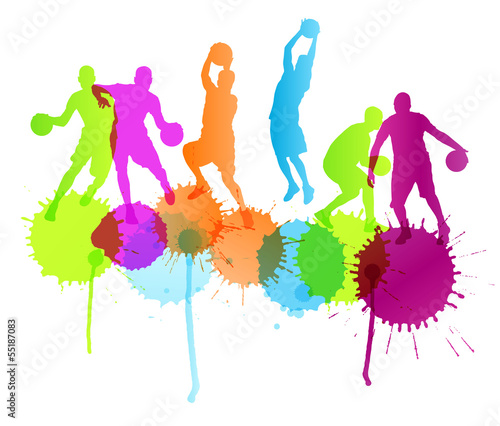Basketball players vector abstract background with color splashe