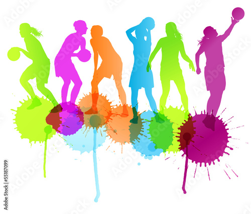 Basketball players vector abstract background with color splashe