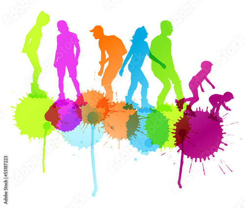 Rollerskating silhouettes vector background concept with ink spl