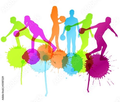 Bowling player silhouettes vector background concept with ink sp