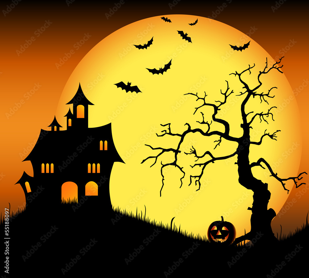 Halloween haunted castle with bats and tree