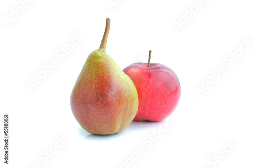 ripe pear and apple on a white background close-up of the