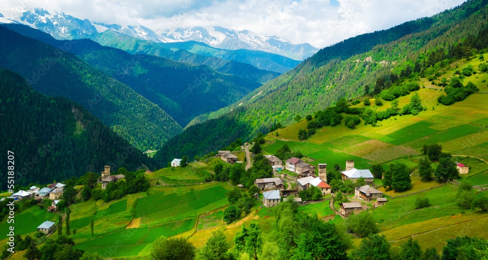 Panoramic landscape of Ieli village in Svaneti