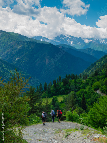 Young women trekking in Svaneti,