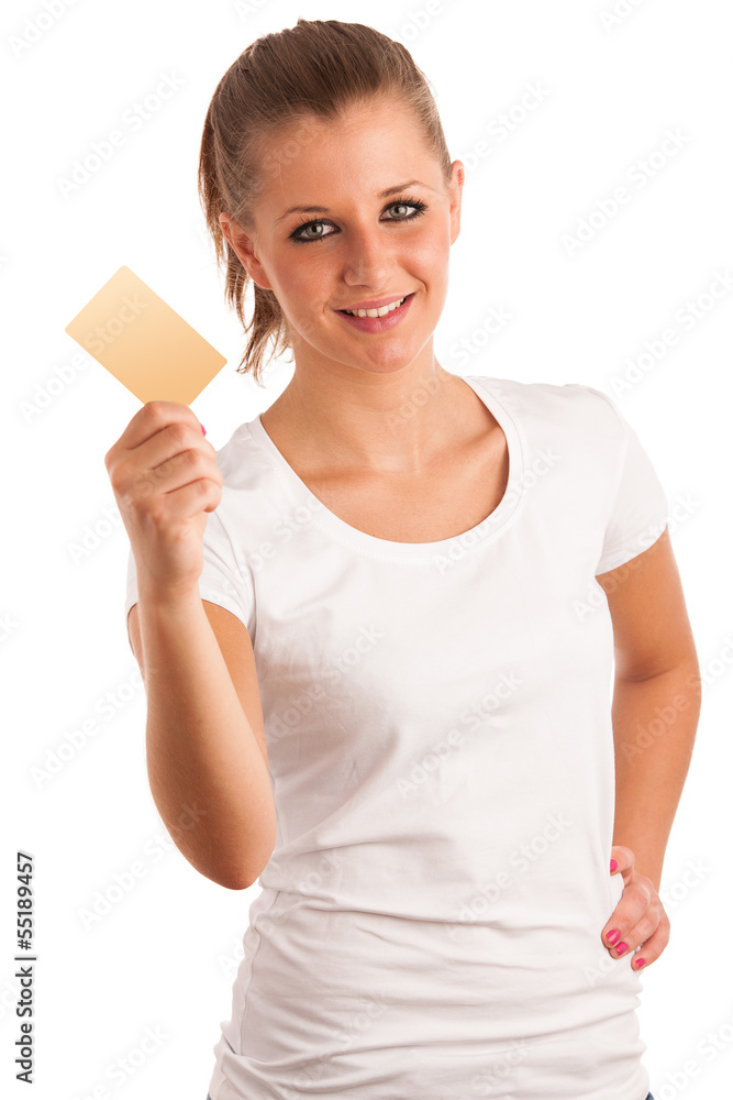 Attravtive young girl holding a credit card in her hand Attravtive young girl holding a credit card in her hand