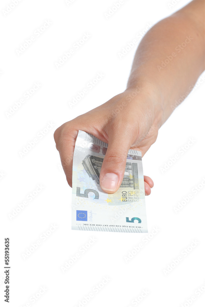 Woman hand holding a new five euros banknote Woman hand holding a new five euros banknote