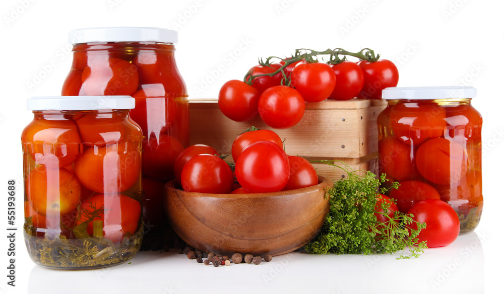 Tasty canned and fresh tomatoes, isolated on white Tasty canned and fresh tomatoes, isolated on white