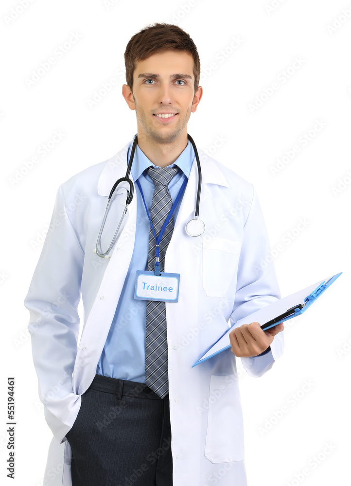 Portrait of young medical intern isolated on white Portrait of young medical intern isolated on white