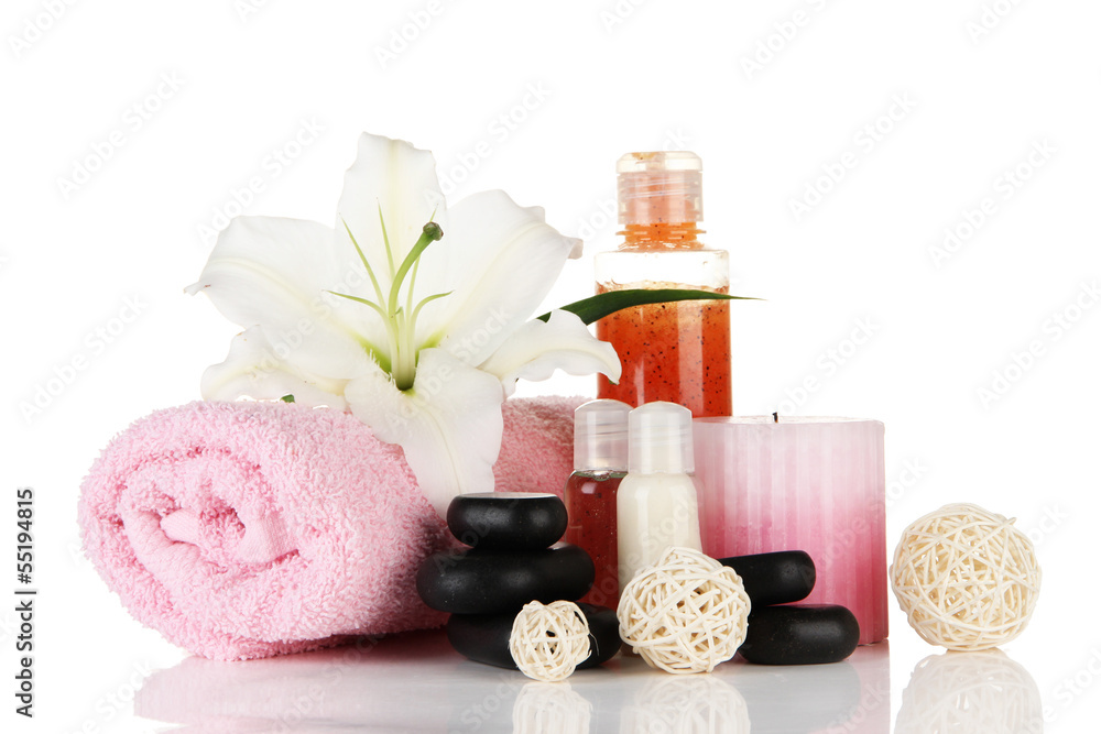 Beautiful spa setting with lily isolated on white Beautiful spa setting with lily isolated on white