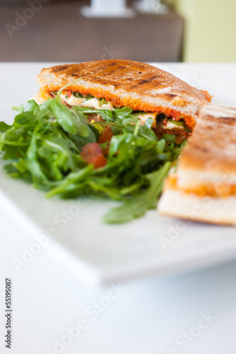 italian ciabatta panini sandwich with chicken and tomato