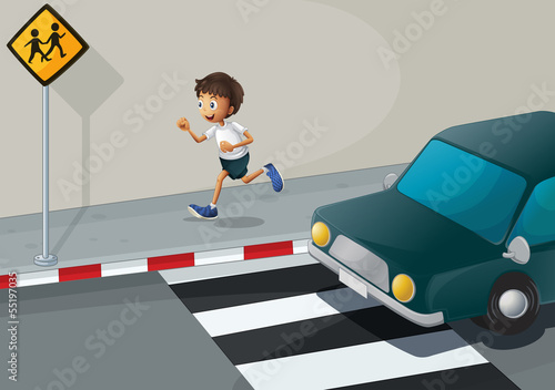 A man running at the road with a car